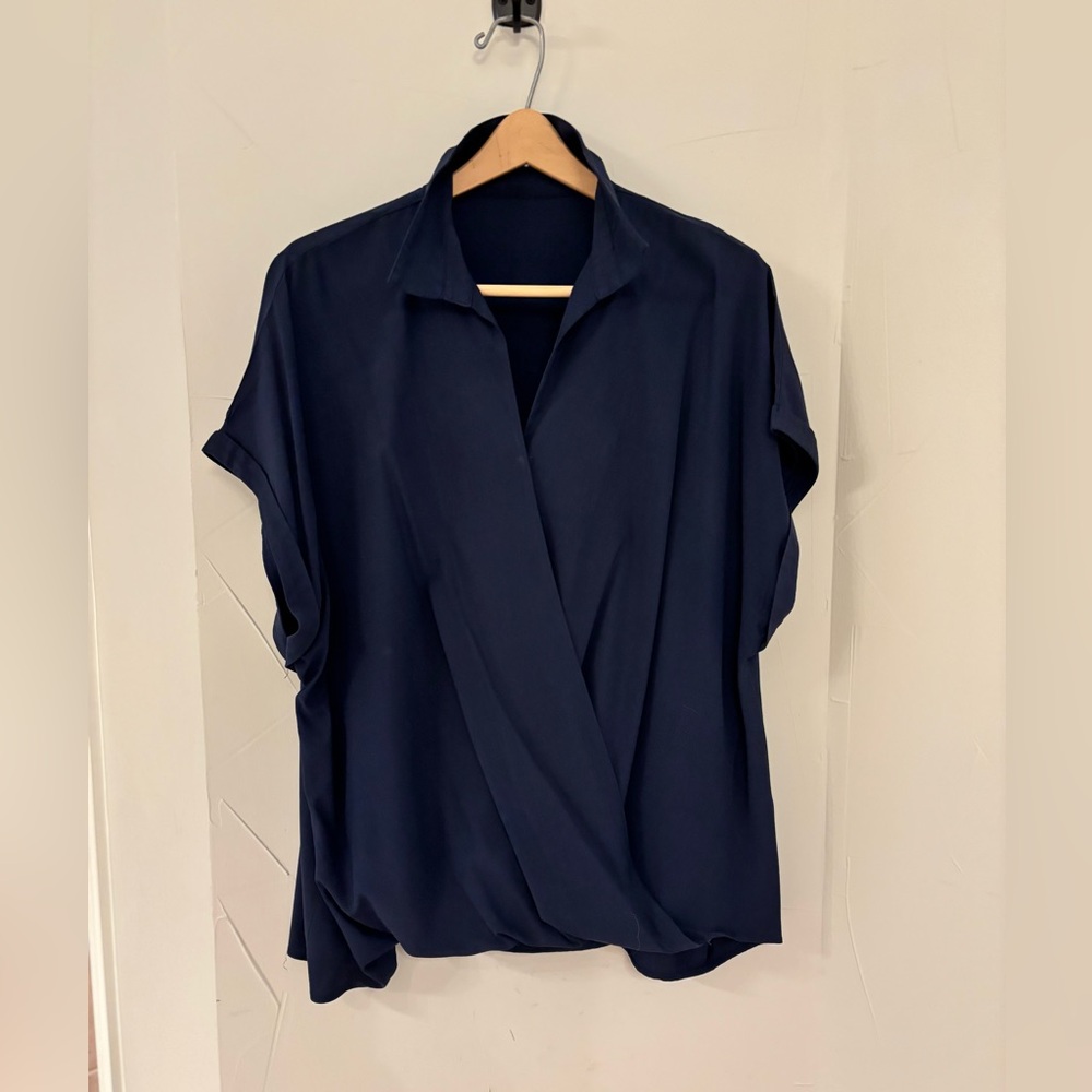 Navy Draped Surplice Blouse - Women